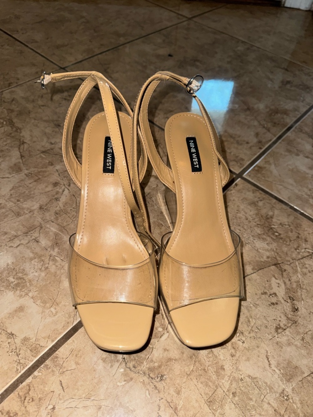 Nine West Beige Clear-Strap Slingback Heels
